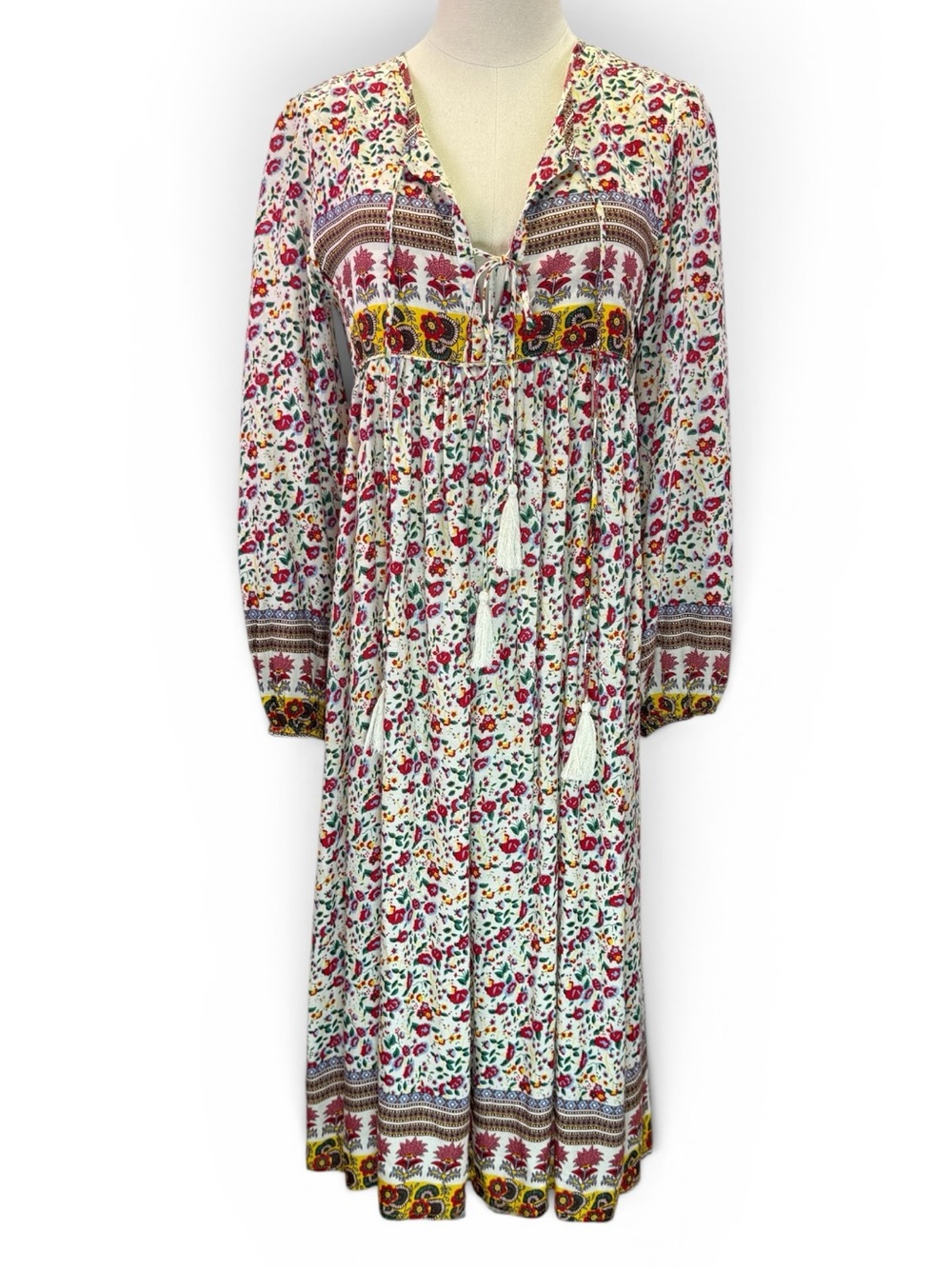 R. Vivimos Women's Long Sleeve Midi Dress Floral Print Tassel Boho Size XS